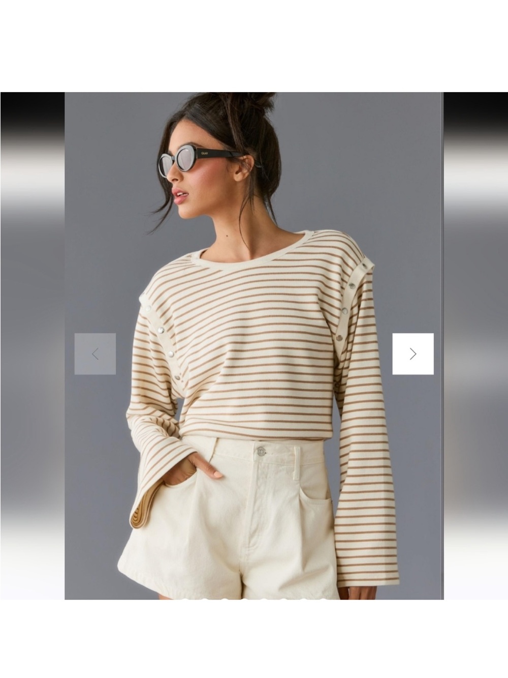 Maeve Cream and Brown Striped Convertible Sweatshirt Snaps Trendy Large